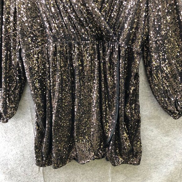 The Drop Helena Sequin Wrap Dress Womens 2X Gold Black Long Sleeve Mini V-Neck - Picture 4 of 13